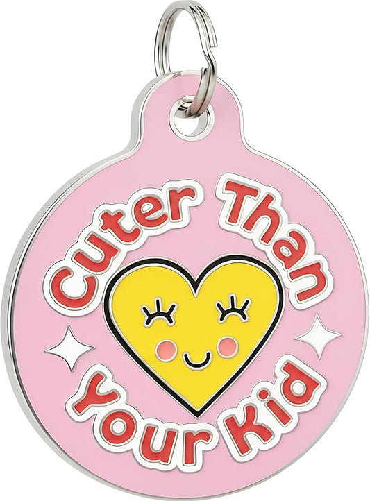 Bad Tags Personalized Dog and Cat ID Tags in 25+ Designs and 2 Sizes - 5 Lines of Custom Engraved Text - Funny Cute Personalized Pet Tags (Cuter Than Your Kid - Pink, Small (1 inch))