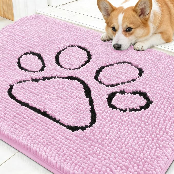 OLANLY Dog Door Mat for Muddy Paws 30x20, Paw Print Design Chenille Mud Mat | Pink, Super Absorbent, Traps Moisture and Dirt, Non-Slip Washable Doormat, Quick-Drying Indoor Entryway Floor Carpet for Dogs