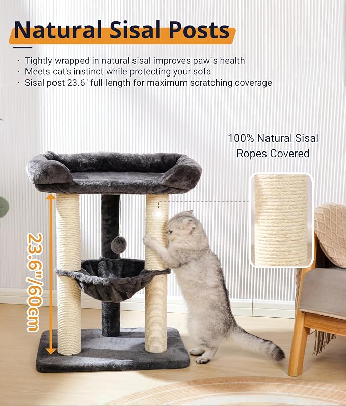 Happi N Pets 28" Cat Tree, Large Bed for Big Cats, Small Cat Tower with Soft Perch for Window Viewing, Stable Cat Tree Tower, Cat Scratching Post with Hammock, Removable Cover-Gray