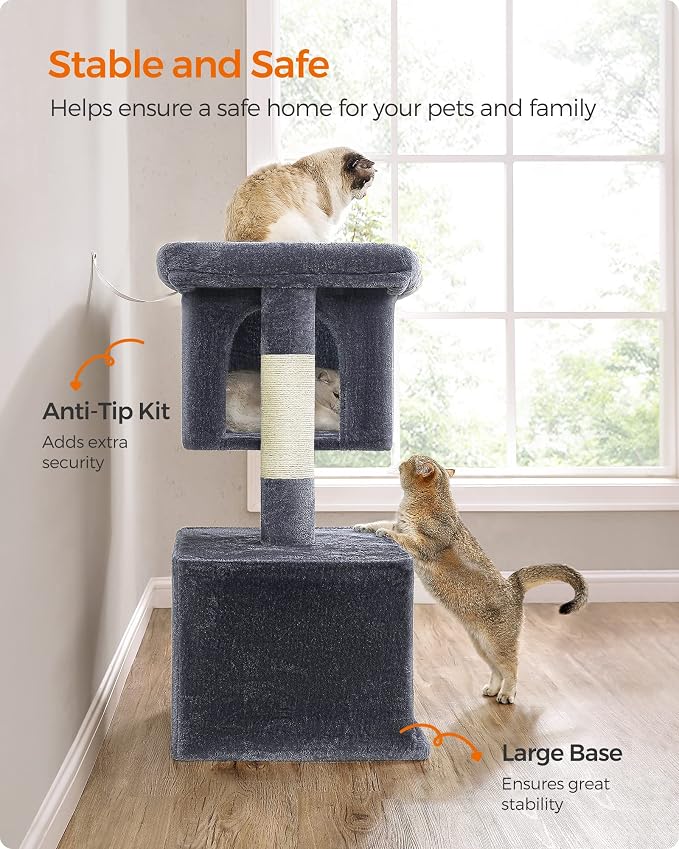Feandrea Cat Tree, 40.6-Inch Cat Tower, Plush Condo for Extra Large Cats up to 44 lb, Large Perch, 2 Caves, Scratching Post, Smoky Gray UPCT614G01