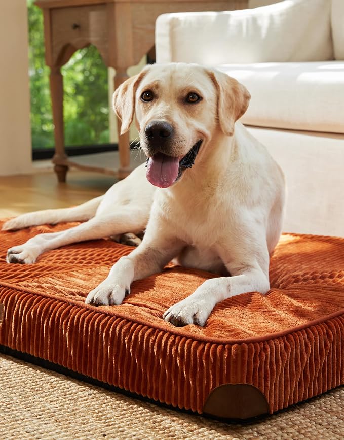 FUKUMARU Large Dog Bed, Thickened Waterproof Dog Mat with Washable Cover | Corduroy Orthopedic Dog Bed for Crate, 28D Egg Crate Foam Support Pet Mat, Cozy Flat Dog Pad with Anti-Slip Bottom
