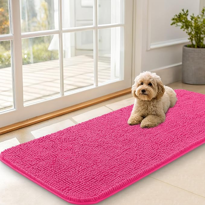 OLANLY Dog Door Mat for Muddy Paws 47x20, Super Absorbent Chenille Mud Mat | Hot Pink, Absorbs Moisture and Dirt, Non-Slip Machine Washable Doormat, Quick-Drying Indoor Entryway Floor Carpet for Dogs