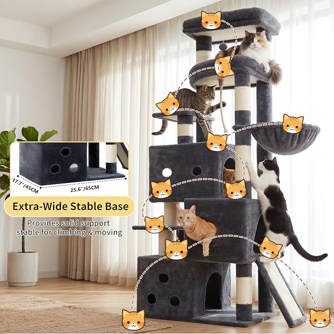 Heybly Cat Tree, 74-Inch Streamlined Cat Tower for Large Cats HCT061G | Cat Furniture with 3-Tier Stacked Condos, Large Perch, Sturdy Base, Full Sisal Scratching Posts & Ramp, Smoky Gray