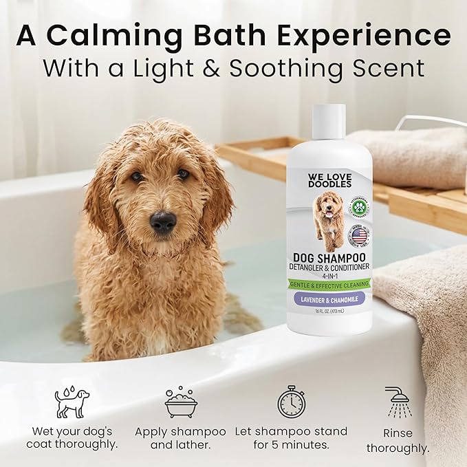 Dog Shampoo, Conditioner & Detangler, Hypoallergenic Tearless Lavender 16OZ | For Sensitive Itchy Skin, Best Shampoo For Smelly Dogs, Goldendoodle, Poodle & Doodle, Puppy Pet Wash Soap, USA Made, 4-in-1