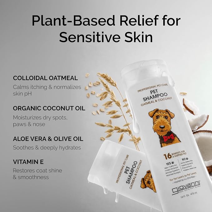 GIOVANNI Professional Pet Shampoo, Oatmeal & Coconut, Aloe Vera, 16 oz | For All Dog Fur Types, Deeply Cleanses, Silkens, Helps Neutralize Odors, Controls Static, 2 Pack