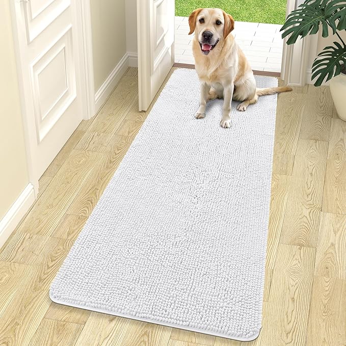 OLANLY Dog Door Mat for Muddy Paws 70x24, Super Absorbent Chenille Mud Mat | White, Absorbs Moisture and Dirt, Non-Slip Machine Washable Doormat, Quick-Drying Indoor Entryway Floor Carpet for Dogs