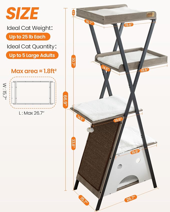 Modern Wood Cat Tree Tower for Indoor Cats Large Adult 67-in Tall | Heavy Duty XL Stable Wooden Cat Condo House Furniture with Multi-Level Spacious Perch Scratching Board Soft Washable Pads