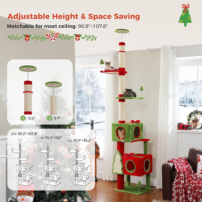 PEQULTI 90.9''-107.8'' Floor to Ceiling Cat Tree for Large Indoor Cats, Tall Christmas Cat Tower with 2 Spacious Condos, Bow Toy and Sisal-Covered Scratching Post & Pad Red/Green