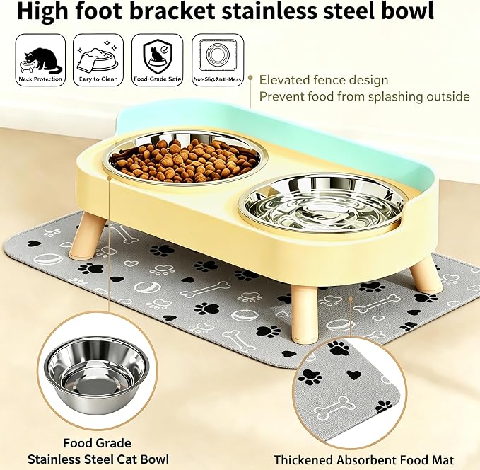 Elevated Dog Bowls with Mat, 2 Stainless Steel for Small Dogs Under 25 Lb | Raised Bowl Stand, Food & Water Set for Cats & Puppies, Splash Proof, Dishwasher Safe, Stain-Resistant Quick-Dry Mat