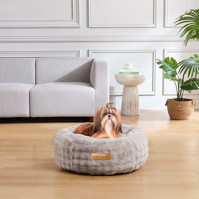 Modern Threads Calming Donut Dog Bed for Medium Dogs, Plush Round Faux Fur Pet Bed with Raised Bolster, Soft Washable Dog Bed, 30x30x9, Gray
