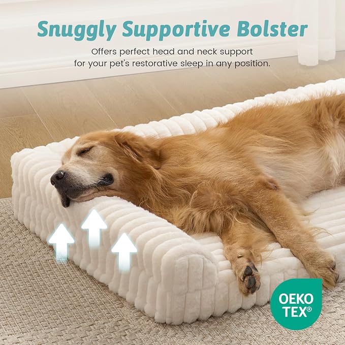 COZY KISS Faux Rabbit Fur Large Dog Bed – 44"x32" Orthopedic Foam Couch with Sides, Removable Washable Cover & Waterproof Lining, Cream