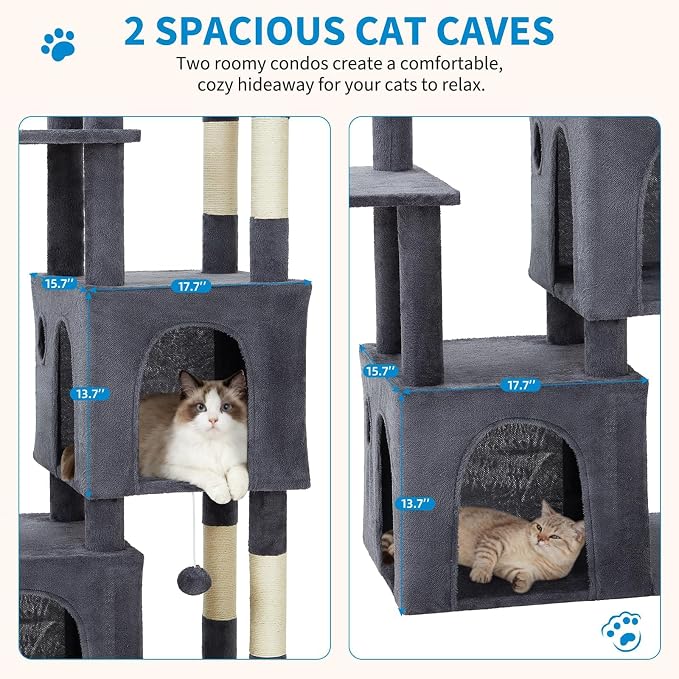 61" Large Cat Tree Tower for Indoor Cats, Heavy-Duty Multi-Level Cat Condo for Maine Coon & Big Cats with Extra-Large Perch, 2 Spacious Houses, Sisal Scratching Posts & Hanging Toys-Dark Gray