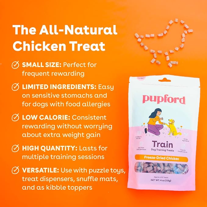 Pupford Freeze Dried Training Treats for Dogs & Puppies (Chicken, 2 oz) | 225+ treats per bag, Ultra low-calorie, Only 2 ingredients, All breed sizes, Mess free and bite sized, Trainer recommended
