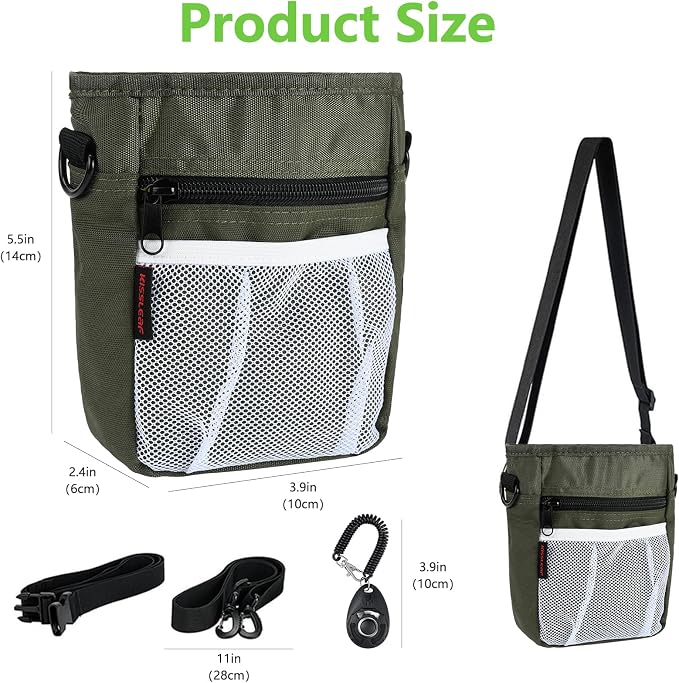 Dog Treat Pouch, Magnetic Closure, Dog Clicker- Green | Dog Training Treat Pouch, Large Size, Nylon Material, Magnetic Closure & Clicker, for Walking, Obedience & Outdoor Use