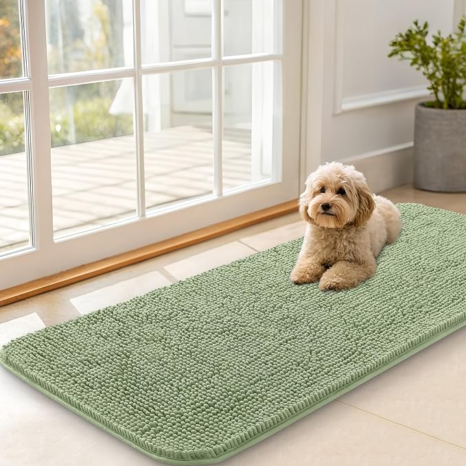 OLANLY Dog Door Mat for Muddy Paws 47x20, Super Absorbent Chenille Mud Mat | Sage Green, Absorbs Moisture and Dirt, Non-Slip Machine Washable Doormat, Quick-Drying Indoor Entryway Floor Carpet for Dogs