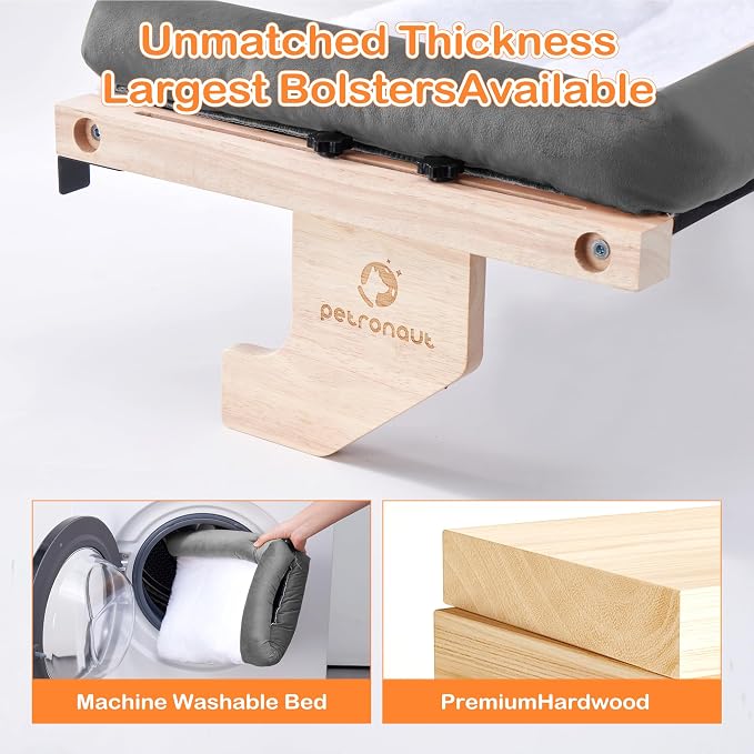 Cat Window Perch + Bonus Toy by Petronaut – Solid Wood, Durable & Easy-Clean, Comfortable Orthopedic Hammock, No Drilling, No Suction Cups, Holds 40 lbs – Window Seat for Large Cats, 21.7"x15"