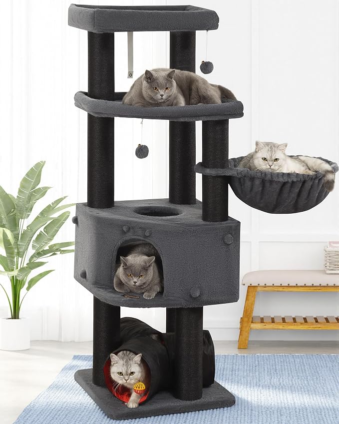 Cat Tree Tower for Large Cats Adult - 60 Inch XXL Sturdy Heavy Duty Extra Wide Scratching Posts (φ4.4in) Condo - Indoor Big Cat House Hammock Perch - XL Wood Multi Level Feline Pet Bed Trees Houses