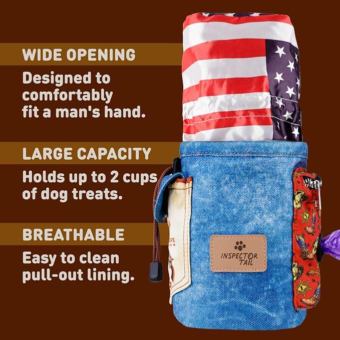 INSPECTOR TAIL Dog Treat Pouch for Training, Drawstring Bag, Hands Free | 2 Cup Tote, 4 Ways to Wear, No Bounce, Pull-Out Liner, Pockets for Snacks, Poop Bags & Keys, Pet Walking & Rewarding Holder