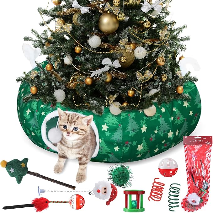 Dansydaisy Cat Tunnel Christmas Tree Skirt, Green Christmas Tree Cat Tunnel Bed with Star and Toys, Hanging Pom Ball Plush Washable Cushion Peekaboo Playground for Small Medium Rabbit Xmas Decor