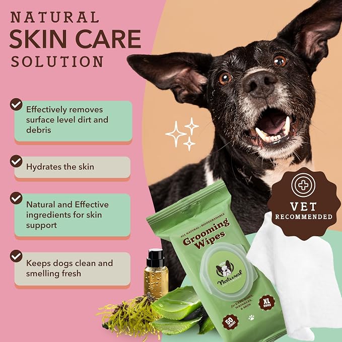 Natural Dog Company XL Dog Wipes for Paws and Butt - Hypoallergenic, Biodegradable, Fragrance Free - Large 7×8 inch Grooming Wipes for Dogs Face and Body - Sensitive Skin Pet Wipes - 50 Count