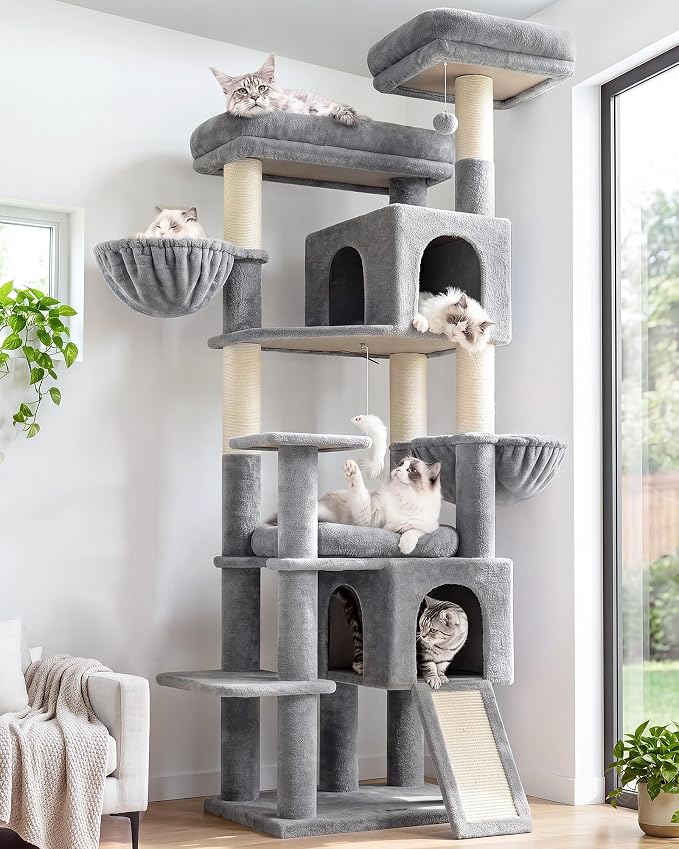 Globlazer Tall Cat Tree for Indoor Large Cats, 75 inch, F75C, Light Grey | Multi-Level Cat Tower, 2 Large Platforms, 2 Oversized Cat Condos, 5 Scratching Posts, Scratching Board, Removable Pet Bed