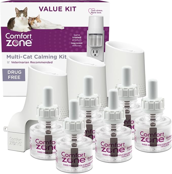 Comfort Zone Muli Cat Calming 3 Room Value Kit, 3 Diffusers & 6 Refills | Reduce cat stress & multicat aggression & urine marking & scratching, drug & fragrance free, expert recommended, 24/7 calming