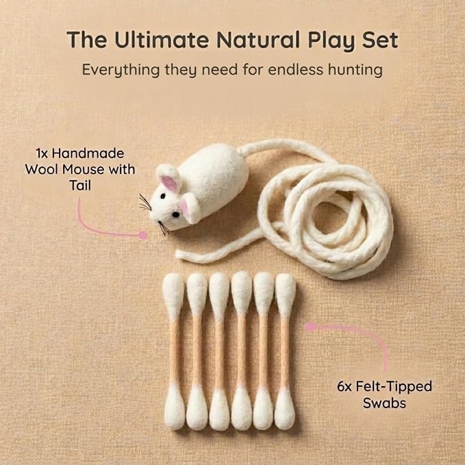Glaciart One Cat Qtip Toy Set, Felt Mice Cat Toy & Cotton Swab Cat Toy, Wool Felt Cat Toys for Indoor Cats