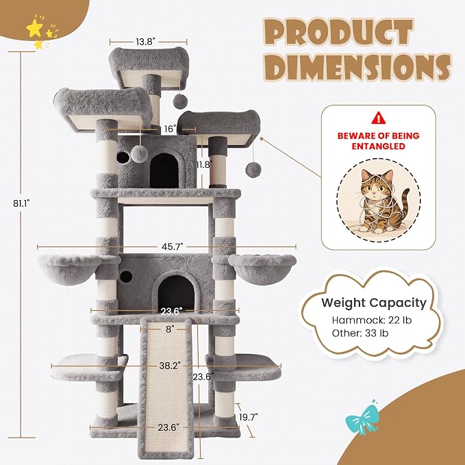 SHA CERLIN 81 Inches Extra Large Cat Tree for Indoor Adult Cats/XXL Big Cat Tower with Condo/Cozy Perches/Sisal Scratching Posts and Hammocks/Activity Center/F80/Heavy Duty/Grey