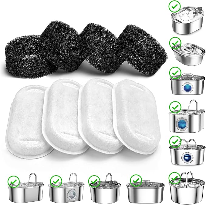 SOOFPET Stainless Steel Cat Water Fountain Filters: 8 Pack Filters (Carbon Filters + Sponge Filters) - Replacement Filters for 108oz cat Fountain
