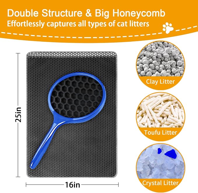 Cat Litter Mat Litter Trapping Mats, 25"x16" Cat Litter box Mat for Floor, 2 Layer Honeycomb Pet Litterbox Matt Catcher Rug, Waterproof Urine Proof, Non-Slip, Soft, Clean Easily, Small