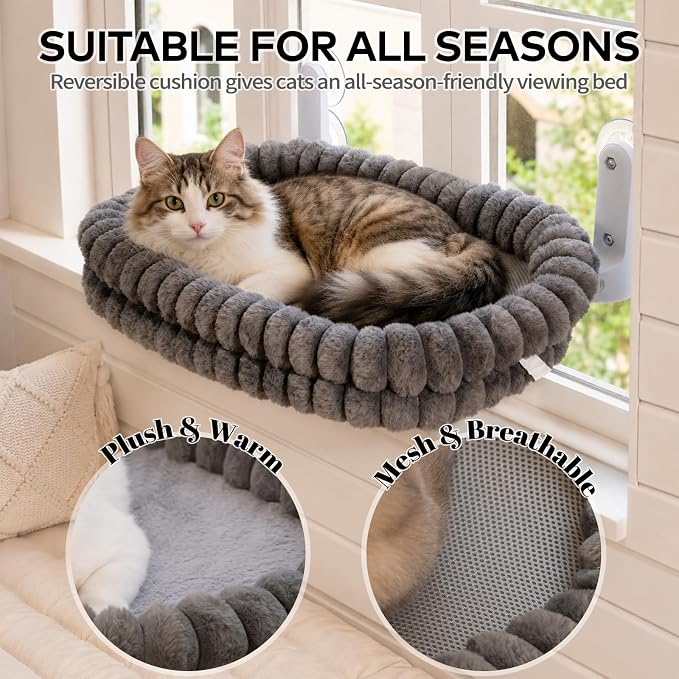 CHEERPALS Cloud Cat Window Perch for Indoor Cats Hammock Bed Foldable | Reversible Cushion Removable Washable, Breathable Soft All-Season, Sturdy Strong Suction Cups Support, Cordless(Grey,Medium)