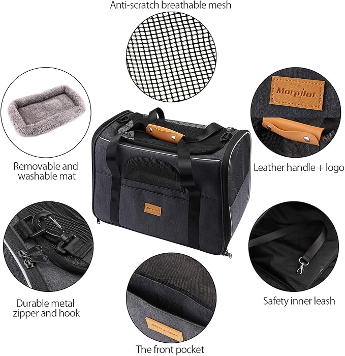Morpilot Pet Carrier Bag, Portable Cat Carrier Bag Top Opening, Removable Mat and Breathable Mesh, Foldable Cat Carrier Transport Bag for Dogs and Cats, with Shoulder Strap and Pet Bowl, Gray
