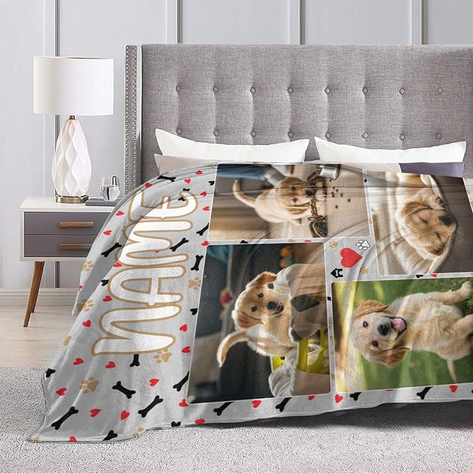 Nxwdwqa Personalized Dog Blanket Throws with Photos, Custom Pet Name Blanket, Dog Gifts for Pet Lovers, Customized Puppy Blanket for Adult Kid Birthday Christmas Fathers Mothers Valentines Gift