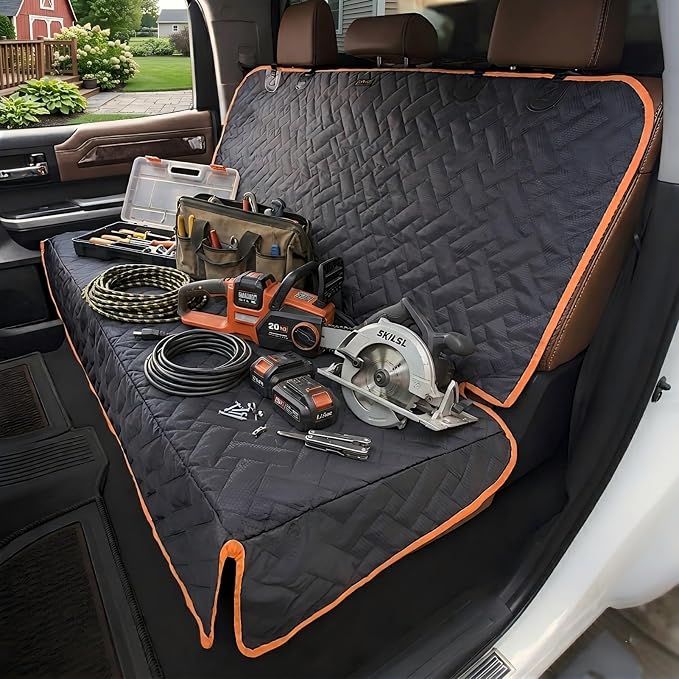 Heavy Duty Back Seat Cover for Truck , 100% Waterproof & Odor-Free Dog Seat Protector for F150 F250 Chevy Silverado Ram Sierra, Scratch-proof Eco-Friendly Back Seat Cover for Dogs, Kids, Tools & Gear