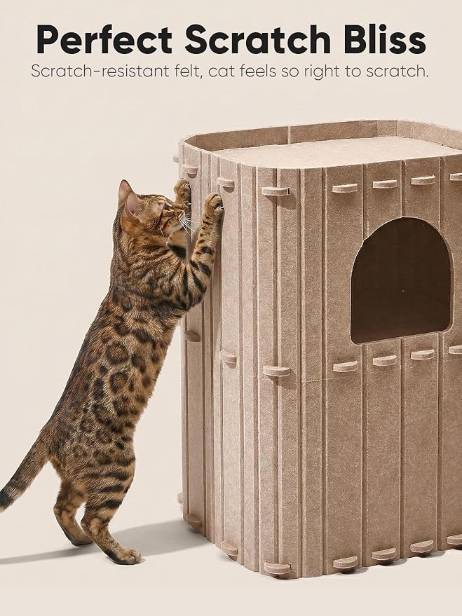 FUKUMARU Cat House for Indoor Cats, Warm Felt Cat Bed, Scratch Resistant | Large Cat Bed Cave, 3-in-1 Cat Condo, Cozy Felt Covered Cats Tunnel, 23.62 Inch Kitten Hideaway for Multicats, Beige