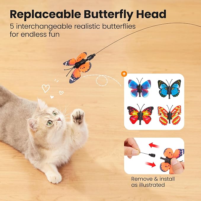 Potaroma Interactive Spinning Butterfly Cat Toy Wand – Rechargebale Electric Touch Activated Cat Teaser with Suction Cup Self-Play & Handheld Mode for Indoor Kittens, Durable Automatic Play Toy