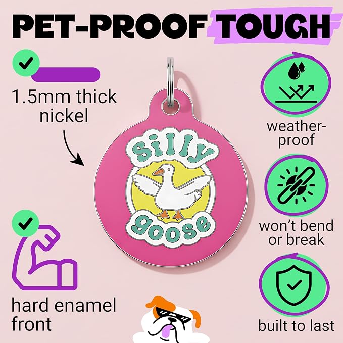 Bad Tags Personalized Dog and Cat ID Tags in 25+ Designs and 2 Sizes - 5 Lines of Custom Engraved Text - Funny Cute Personalized Pet Tags (Silly Goose - Pink, Small (1 inch))