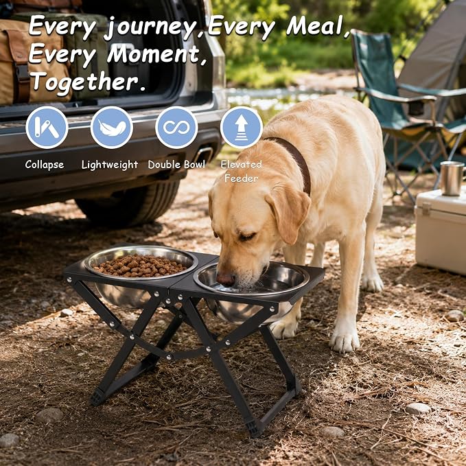 Foldable Elevated Dog Bowl Holder with 2 Large 85oz Stainless Steel Bowls, 12" Tall Raised Dog Bowl Stand for Large Breeds, Indoor and Outdoor Use
