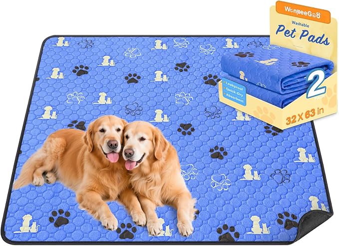 WanpeeGoo Washable Pee Pads for Dogs, Waterproof, 32 x 63 in, 2 Pack, Blue | Super Absorbent, Waterproof and Non-Slip; Washable, Reusable Dog Pads for Crates, Playpens, Floors, Furniture and Travel