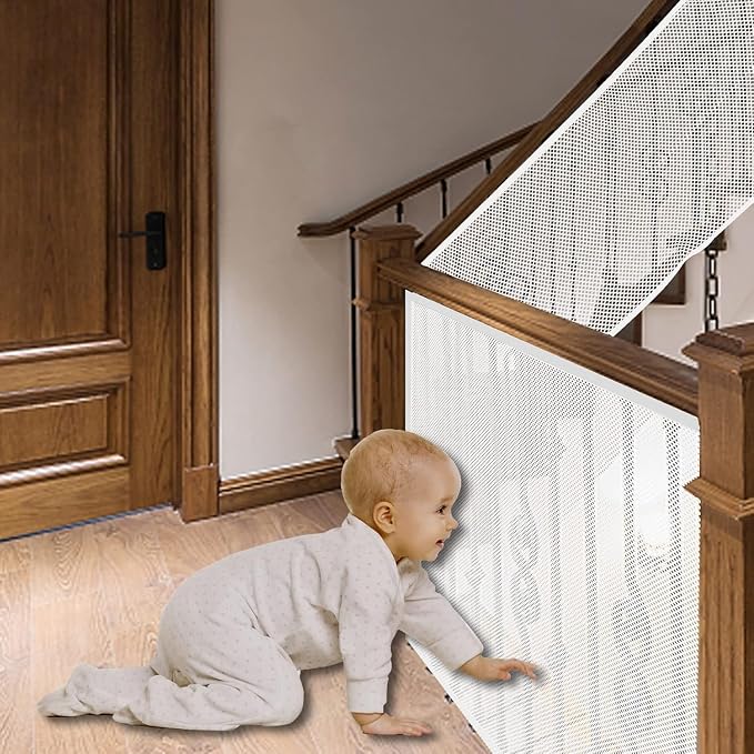 Baby Gate for Stairs, Banister Guard for Kids, Pets, Toys, 26.2ft L x 2.66 ft H, Mesh Netting Safety Net for Balcony Rail Stair, Stairway Net Baby Safety Products for Indoor & Outdoor (White)