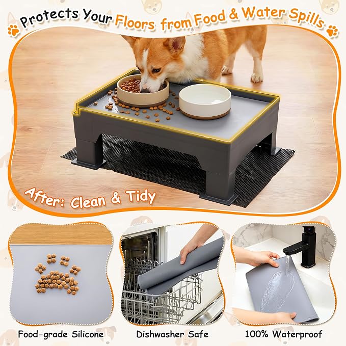 Elevated Dog Bowl Stand and Waterproof Non Slip Mat,1 Set,Gray Pad | Reduce Neck, Joint and Spinal Strain, Sturdy Legs, Easy Clean Silicone Pet Food Mat, For Small & Medium Dogs, Cats