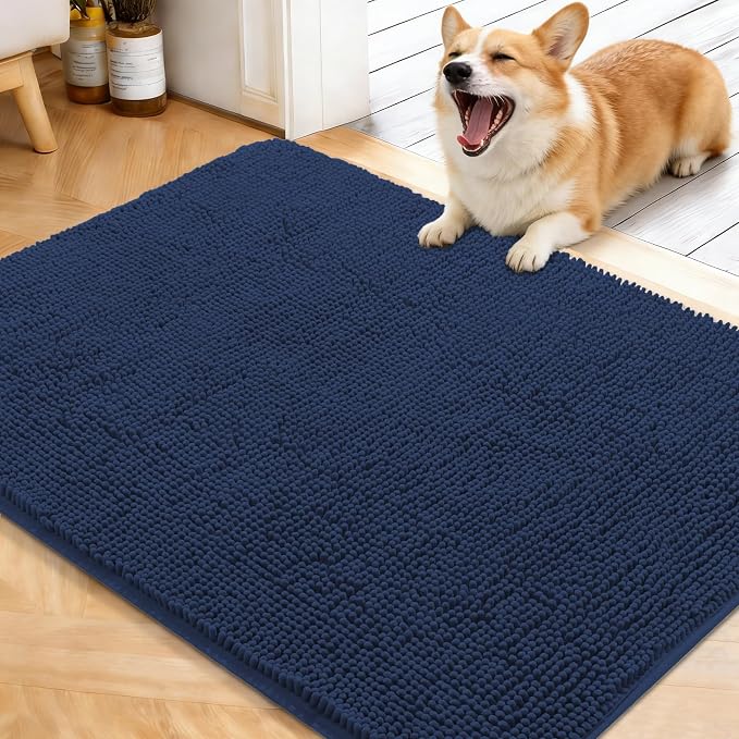 OLANLY Dog Door Mat for Muddy Paws 40x32, Super Absorbent Chenille Mud Mat | Dark Blue, Absorbs Moisture and Dirt, Non-Slip Machine Washable Doormat, Quick-Drying Indoor Entryway Floor Carpet for Dogs