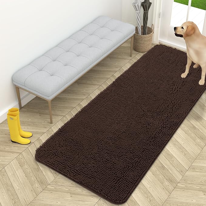 OLANLY Dog Door Mat for Muddy Paws 59x24, Super Absorbent Chenille Mud Mat | Brown, Absorbs Moisture and Dirt, Non-Slip Machine Washable Doormat, Quick-Drying Indoor Entryway Floor Carpet for Dogs