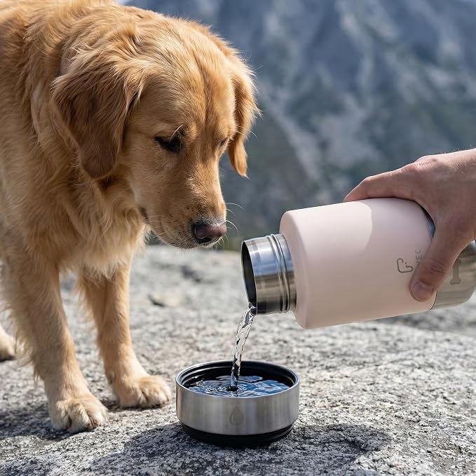 Dog Water Bottle 32oz, Insulated Stainless Steel Travel Water Dispenser with 2 Detachable Dog Bowls for Food and Water, Leak Proof Portable Pet Drinking Cup for Walking Hiking Camping