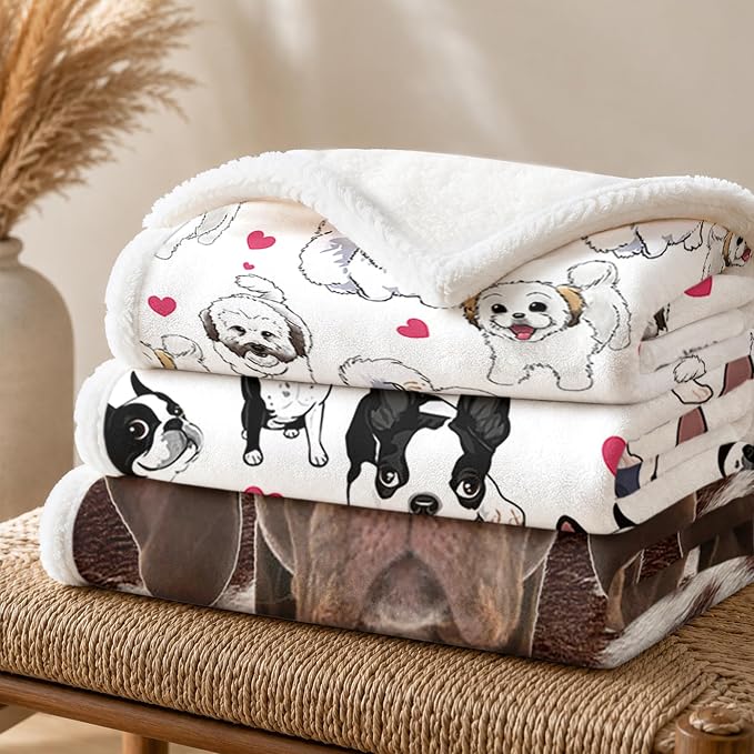 BlessLiving Shih Tzu White Throw Blanket with Dense Dog Patterns Sherpa Fleece Blanket Couch Bed, Soft Cozy Warm Pet Blankets for Puppy Lovers Cute Snowball Animal Print Gift 50x60 Inches