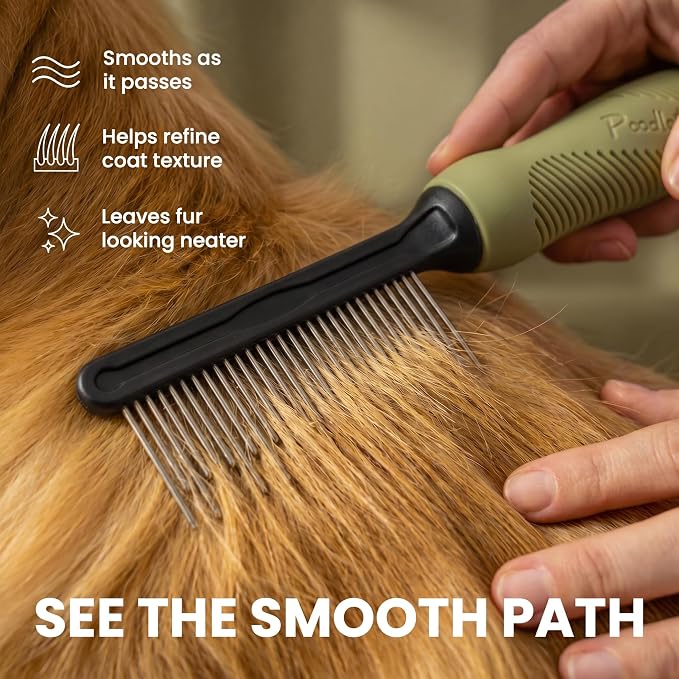 Poodle Grooming Comb - Metal Dematting Comb with Long & Short Stainless Steel Teeth for Removing Matted Hair & Knots, Safe and Gentle for Dogs & Cats (Green)