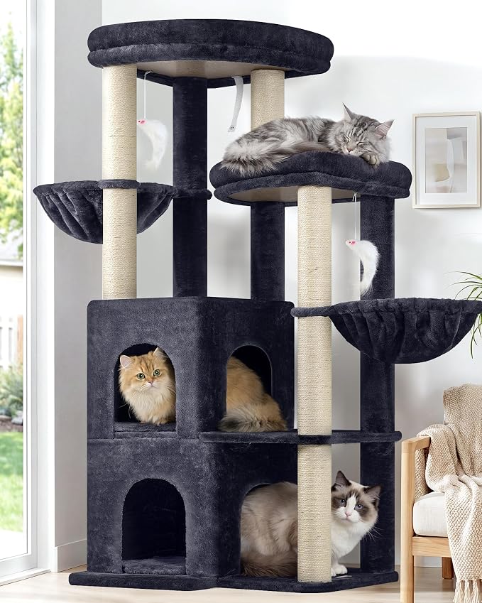 Globlazer Cat Tree Tower for Indoor Cats, Sturdy Adult Cat Tree House for Large Adult Cats with 2 Platform, 6 Cat Scratching Post, 2 Cat Caves, Dangling Toys, S63, 63 inch, Dark Grey