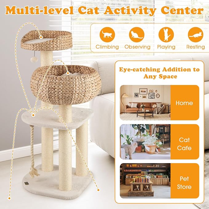 41 Inch Modern Cat Tree for Indoor Cats, Multi-Level Cute Cat Tree with Scratching Posts, Hand-Made Wicker Cat Condo & Top Perch, Dangling Ball, and Sisal Rope, Beige
