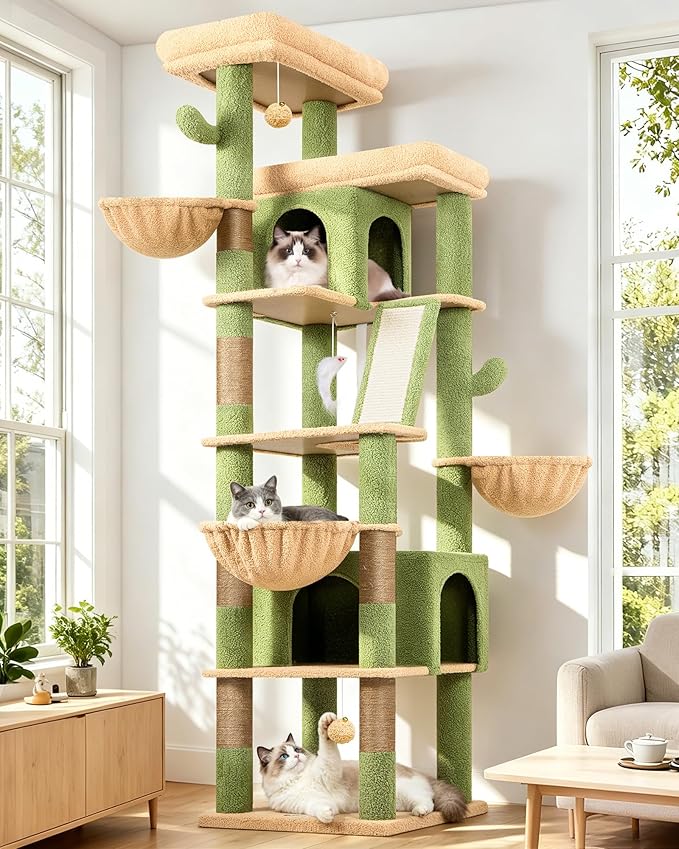 Globlazer 80in Extra Large Cactus Corner Cat Tree Tower S80G, Green | Tall Cat Condo For Multiple Indoor Cats Large Adult Kittens, Scratching Posts & Board, Widened Perches, Adjustable Baskets