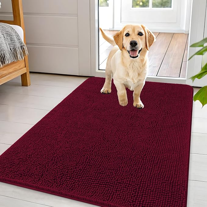 OLANLY Dog Door Mat for Muddy Paws 44x32, Super Absorbent Chenille Mud Mat | Burgundy, Absorbs Moisture and Dirt, Non-Slip Machine Washable Doormat, Quick-Drying Indoor Entryway Floor Carpet for Dogs